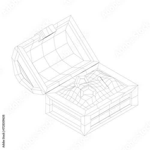 A wooden treasure chest with an open lid reveals gold coins inside. The 3D model features a black wireframe outline for a realistic appearance.