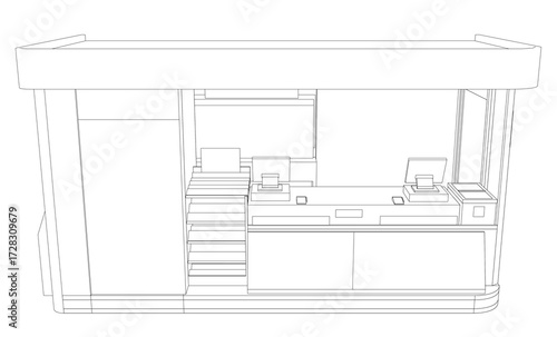 A reception desk contour drawing features a computer monitor and keyboard on the stand, conveying convenience for a modern store.