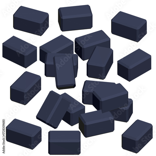 Polygonal dark blue bricks arranged in a neat pile on a clean white background. This set of geometric building blocks creates a modern and minimalist aesthetic.