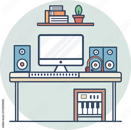Modern home music studio with computer, speakers, and MIDI keyboard – creative digital audio workstation setup