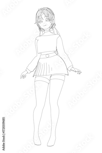 A girl in a skirt and stockings stands with hands clasped, her delicate features serene with eyes closed. Her dark hair is pulled into a neat bun, and the contour drawing is a free printable coloring.