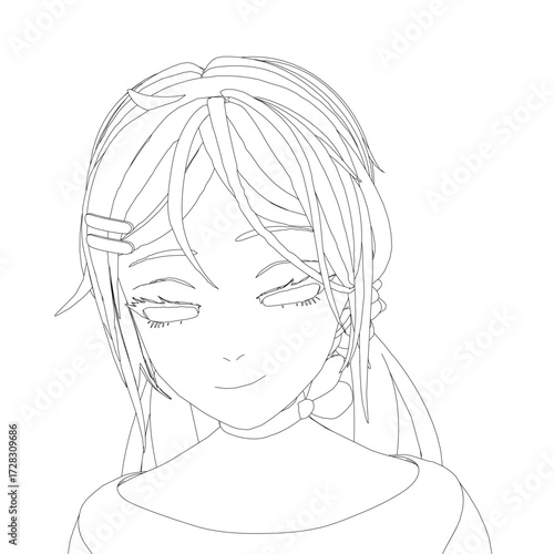A determined anime girl with long wavy hair tied in a ponytail gazes into the distance. She wears a dress and appears ready for a challenge