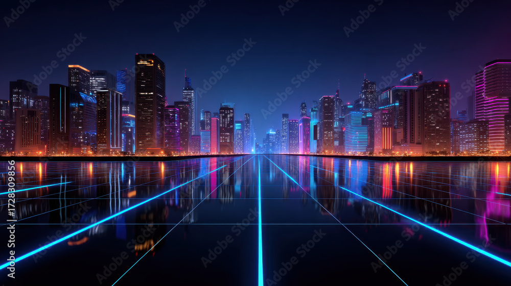 Obraz premium Futuristic city skyline at night with neon lights reflecting on glossy surface, showcasing vibrant cyberpunk atmosphere filled with colorful illuminated skyscrapers and modern architecture