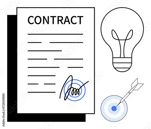 Contract with signature, light bulb, and dart hitting target. Ideal for business, agreement, innovation, goals, success strategy planning. Simple flat metaphor