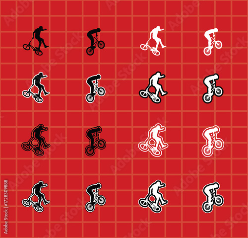 BMX Flatland Athlete Icons for Sport Design set of black silhouettes of a male athlete performing various BMX flatland tricks, including spinning, balancing, and handlebar stunts