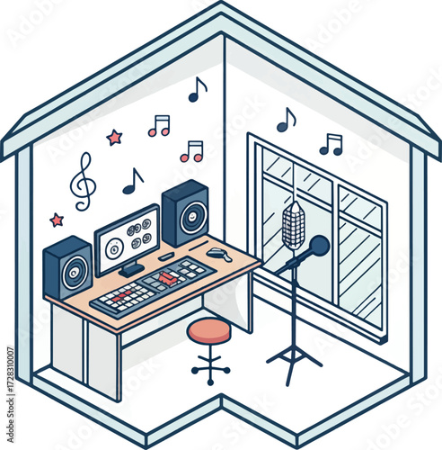 Isometric home recording studio with computer, microphone, and speakers – modern digital music production workspace