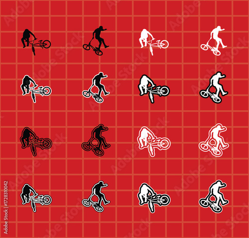 BMX Flatland Athlete Icons for Sport Design set of black silhouettes of a male athlete performing various BMX flatland tricks, including spinning, balancing, and handlebar stunts