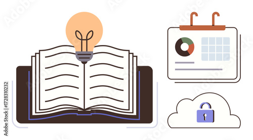 Open book with glowing light bulb, calendar with chart, and cloud lock. Ideal for knowledge, education, creativity, innovation, organization security and productivity concept. Simple flat metaphor