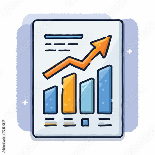 成功への道筋を示す上昇トレンドの棒グラフと矢印が描かれた、ビジネス分析や市場動向を表現するポップで親しみやすいベクターイラストレーション。