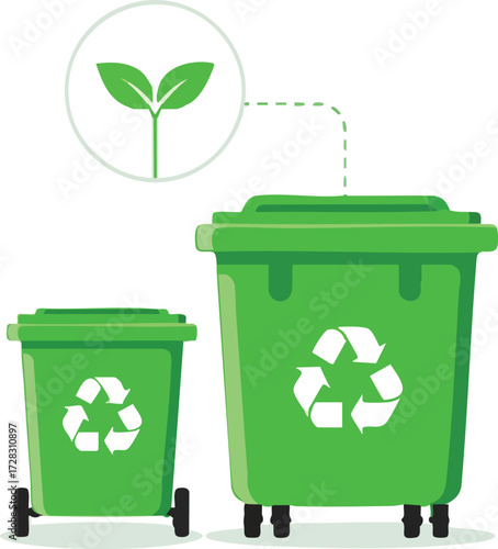 Green recycle bins with recycle symbol isolated on white background