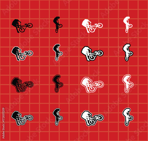 BMX Flatland Athlete Icons for Sport Design set of black silhouettes of a male athlete performing various BMX flatland tricks, including spinning, balancing, and handlebar stunts