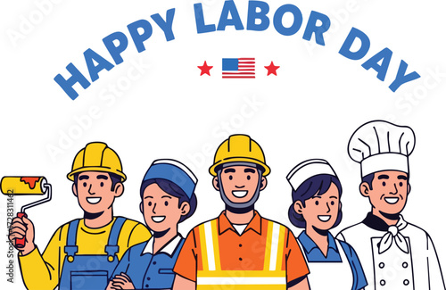 Happy labor day with workers isolated on white background