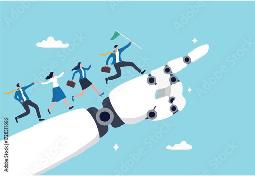 AI Artificial Intelligence help support business success, technology or innovation for new opportunity, invention for business growth concept, business people walking up on robot hand pointing up