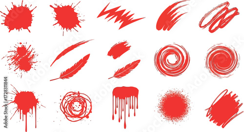 Vector art of assortment of red paint splatters and brush marks