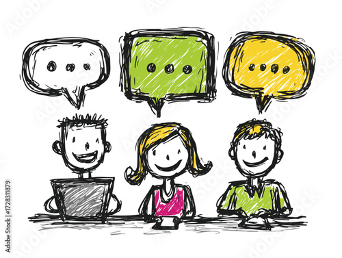 手描き風の笑顔の男女三人が、カラフルな吹き出しを囲んで活発に意見を交換し、コミュニケーションを楽しむ様子を描いた、親しみやすいベクターイラストレーション。