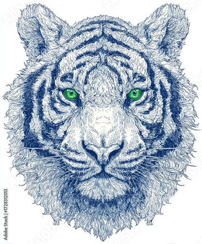 Intricate drawing of a regal white tiger's head, showcasing detailed lines and vibrant green eyes.