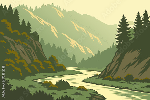 Eel River in Northern California, winding river with steep cliffs and misty forested mountains
