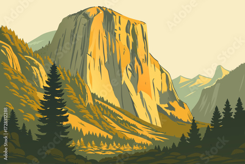 El Capitan in Yosemite Valley, California, sheer granite cliff glowing golden in the evening sunlight