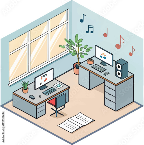 Modern home music studio interior with computer desks, speakers, and decor – creative workspace for digital production