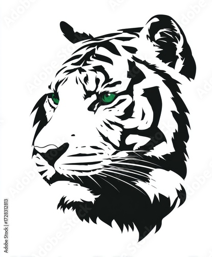 A bold, black and white graphic of a tiger's head, showcasing intricate details and vibrant green eyes.