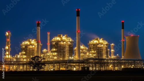Industrial plant with illuminated structures against a dark blue night sky