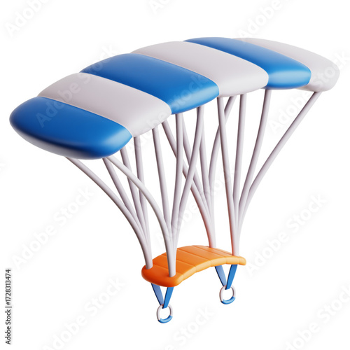 A 3D illustration of a blue and white parachute with an orange seat, suspended by white cords against a white background.