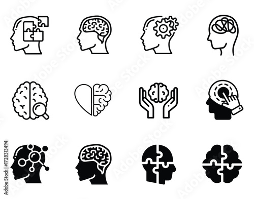 “Vector Pack of Psychology Icons – Modern, Minimalist, and Conceptual Icons Representing Mental Health, Mind, Behavior, Therapy, Emotions, and Cognitive Processes