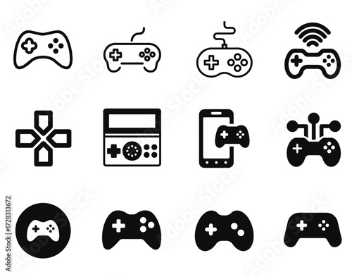 Vector pack of gaming icons, including consoles, controllers, joysticks, and game-related symbols, perfect for game apps, websites, and digital design projects