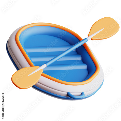 3D render of a blue and white inflatable raft with an orange paddle, isolated on a white background.