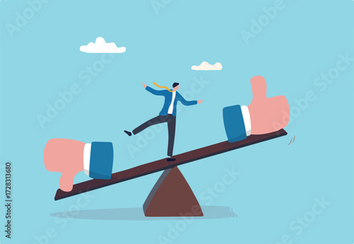 Demerit and merit evaluation, advantage and disadvantage in comparison, performance assessment, manager evaluation, judgment concept, businessman balance on seesaw with thumb up and thumb down