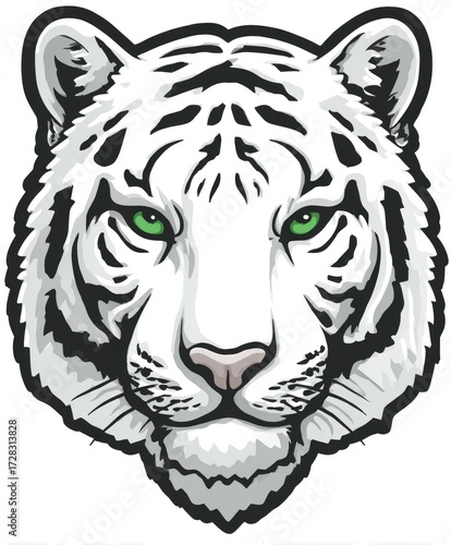 Close-up view of a regal white tiger's head, showcasing detailed stripes and intense green eyes.