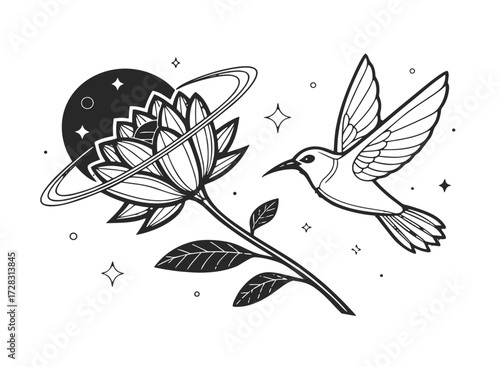 Elegant black and white line art of a hummingbird flying towards a cosmic flower with planet rings.