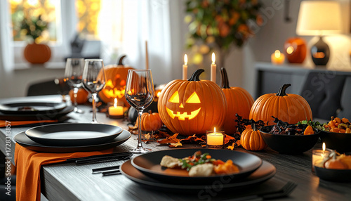 Halloween dinner table with pumpkins and candles decoration