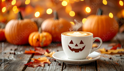Halloween coffee cup with pumpkins and autumn lights