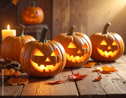 Halloween pumpkins with glowing faces on wooden table