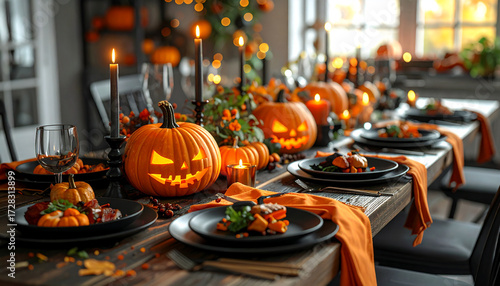 Festive Halloween banquet table with pumpkins and candles