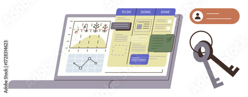 Laptop screen displaying analytics graphs, task management board with to-do lists. Includes user profile and keys for access. Ideal for productivity, planning, data security, analytics, organization