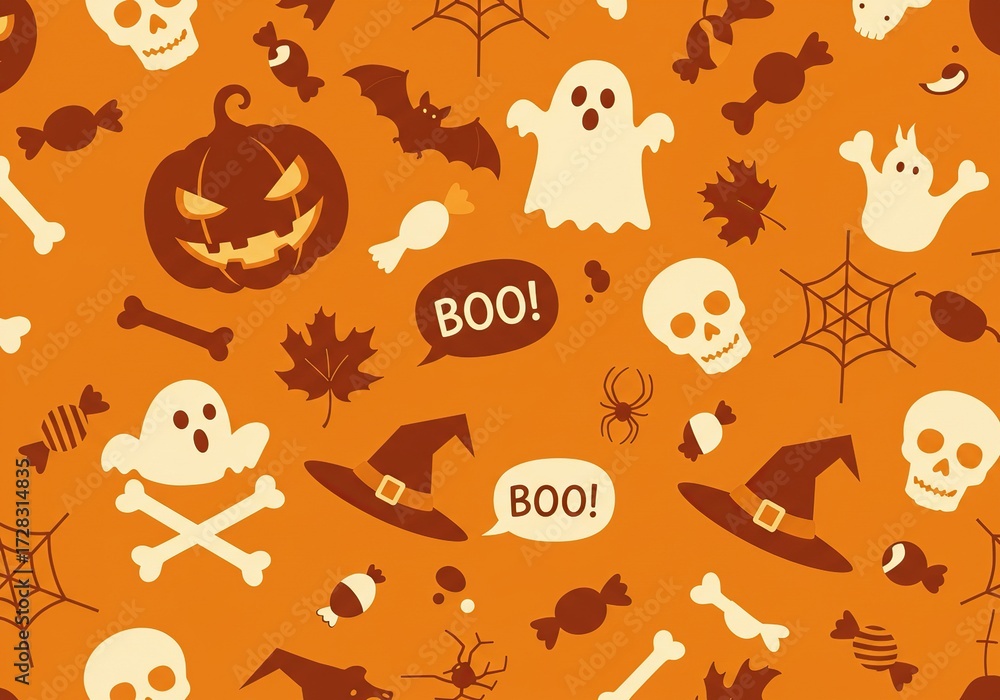 Fototapeta premium Halloween themed orange background with spooky elements and decorations.