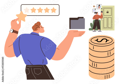 Person holding a star, file folder, stacked coins, and a figure securing personal data. Ideal for customer satisfaction, financial management, security, feedback, digital storage success privacy