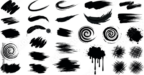 Vector art of collection of black paint brush strokes and splatters