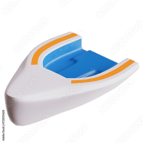 A white toy boat with blue interior and orange stripes, isolated on white background.