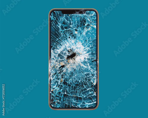 割れたスマートフォンの画面が、破壊と修理の必要性を象徴するベクターイラスト