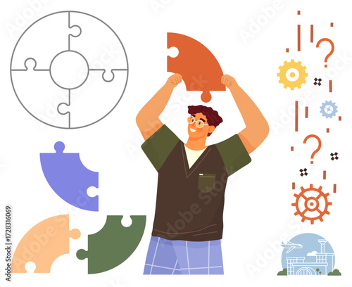 Man holding a puzzle piece with other pieces around him abstract symbols for ideas, teamwork, creativity. Ideal for problem solving, education, innovation, collaboration, personal growth, planning