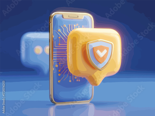 スマートフォンに表示された安全なメッセージアイコンと回路基板のイラスト