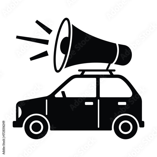 Car with megaphone on roof announcing loudly