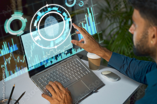 Futuristic Data Analytics On Laptop With Fingerprint Scan And Holographic Interfaces Visuals Touch Screens For Business