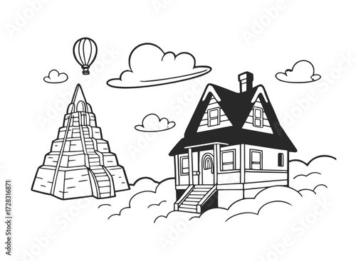 Hand-drawn whimsical floating two-story house, ancient stepped pyramid, hot air balloon, and clouds
