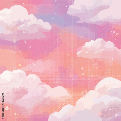 幻想的なピンクの空に浮かぶ雲とキラキラ輝く星々が描かれた美しい背景