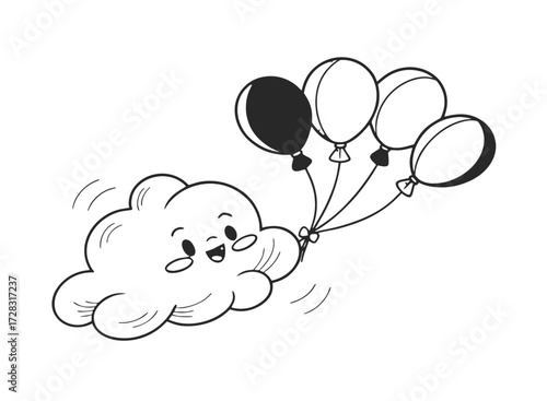 Joyful cartoon cloud character with happy expression holding four balloons, black and white line art doodle illustration.