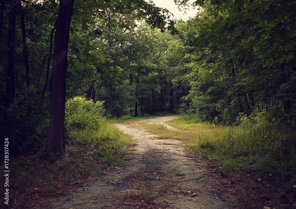 Naklejka premium A weathered path winds through a dense forest